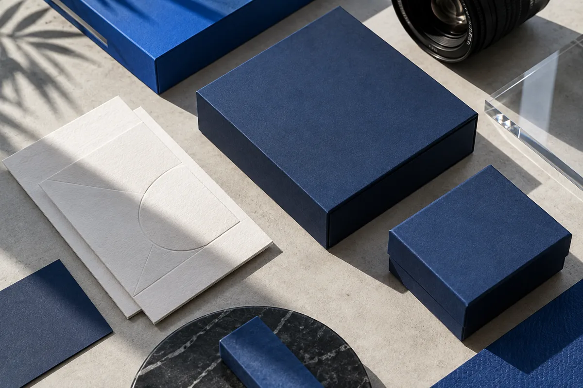 Navy and blue packaging with textured paper, acrylic and a camera lens