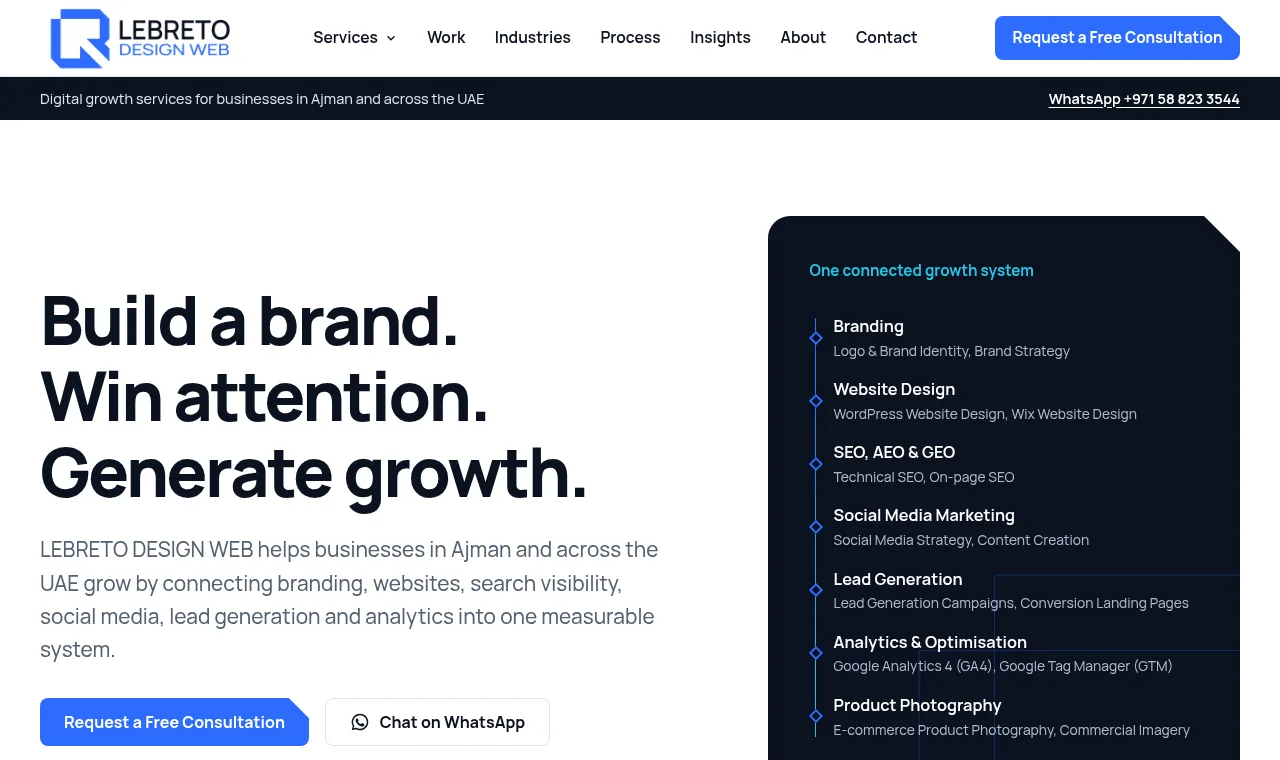LEBRETO website homepage on desktop: headline Build a brand. Win attention. Generate growth. beside a navy panel showing seven connected services