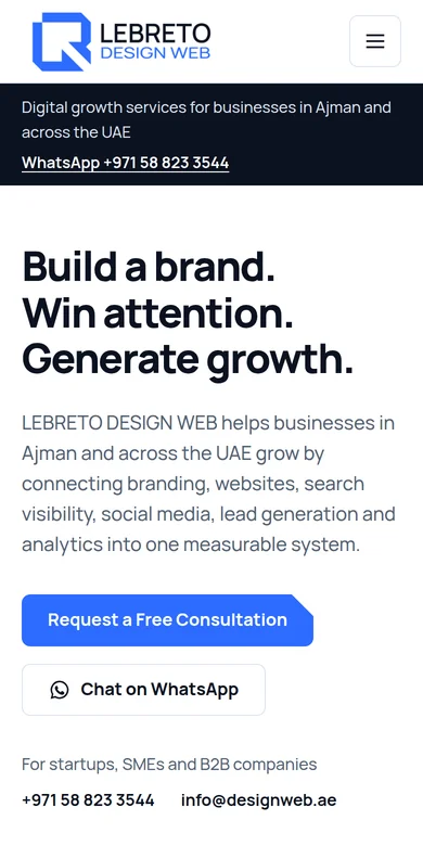 LEBRETO website homepage on a mobile phone